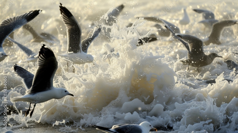 Poster surrounded by a layer of foam a flock of seagulls fights to stay afloat in a bay contaminated by a c