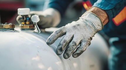 Close-up of a worker's gloved hand operating a machinery valve, emphasizing safety and precision in an industrial setting.
