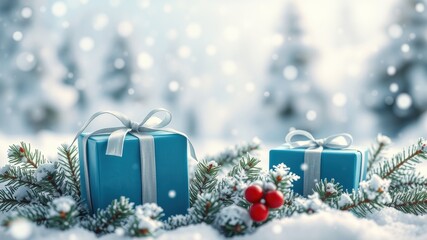 Two blue gift boxes with silver bows nestled in snowy pine branches, creating a festive winter scene.