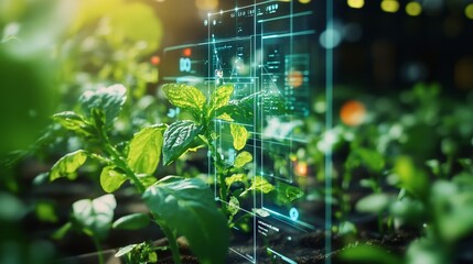 Futuristic digital interface overlays vibrant green plants in a controlled agricultural environment, highlighting integration of technology with farming.