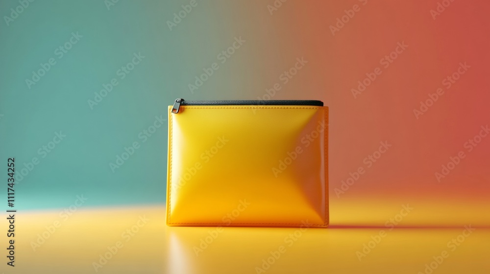 Poster a minimal 3d icon-style plastic pouch with rounded edges and a matte finish, placed against a gradie