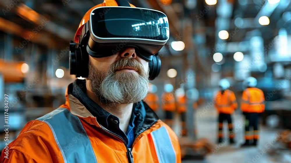 Poster worker using virtual reality headset in industrial setting with colleagues in background