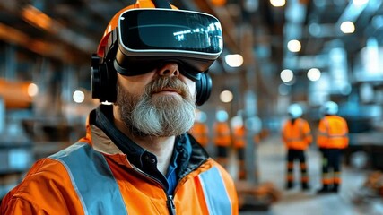 Worker using virtual reality headset in industrial setting with colleagues in background