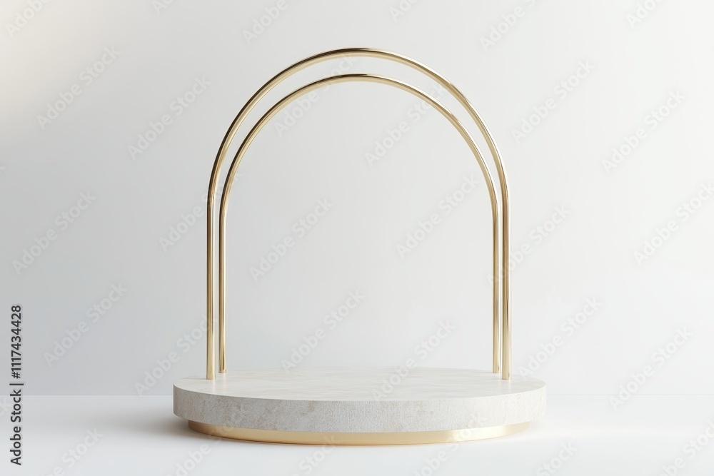Aufkleber a minimalist display stand with golden arches and a circular base for showcasing items.