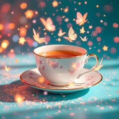 Fototapeta premium Magical Teacup with Butterflies and Sparkling Glitter on Teal Surface