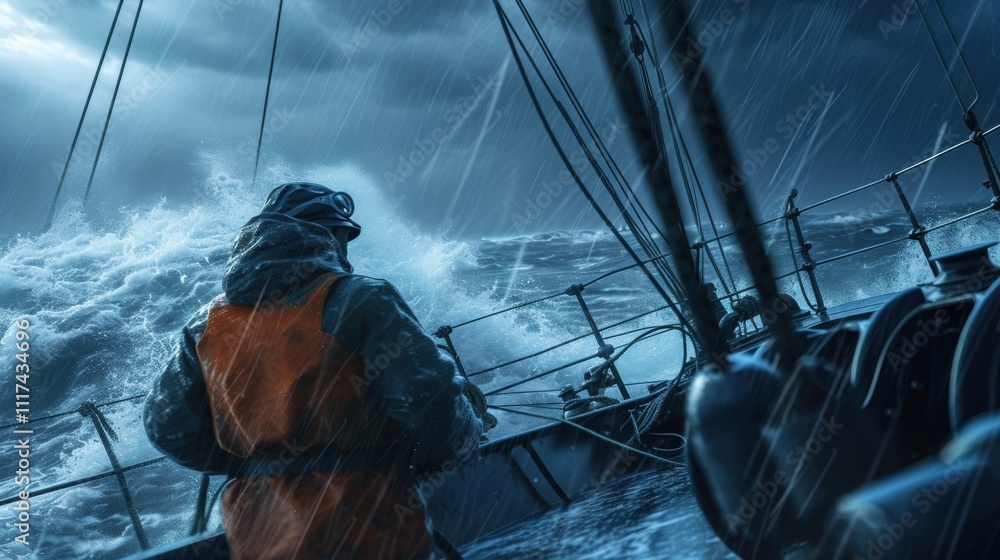 Poster during a storm at sea the able seaman fearlessly works on the deck securing loose objects and ensuri