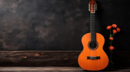 Obraz premium Acoustic Guitar with Floral Arrangement on Wooden Surface Against Dark Background for Music and Art Concepts