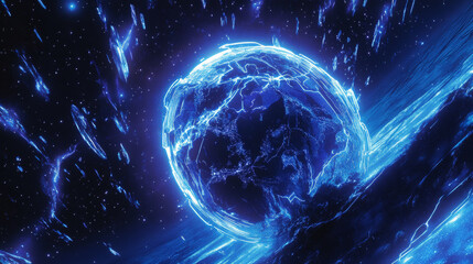 Obraz premium Vector. Abstract dark blue technological polygonal background. The human valley holds planet Earth. Polygonal contours of continents. Neon hologram.