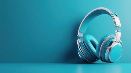 Modern Stylish Headphones with Soft Cushions on Smooth Turquoise Background for Music Lovers and...