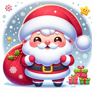 A cute and chubby Santa Claus in a snowy winter setting.