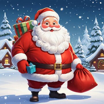 A cute and chubby Santa Claus in a snowy winter setting.