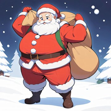 A cute and chubby Santa Claus in a snowy winter setting.