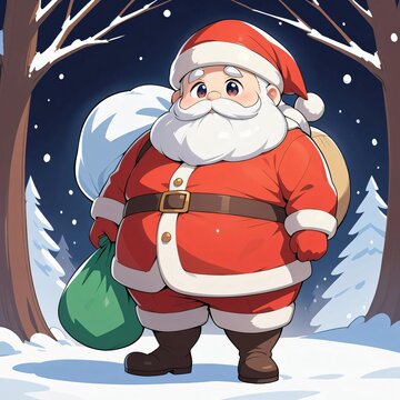 A cute and chubby Santa Claus in a snowy winter setting.