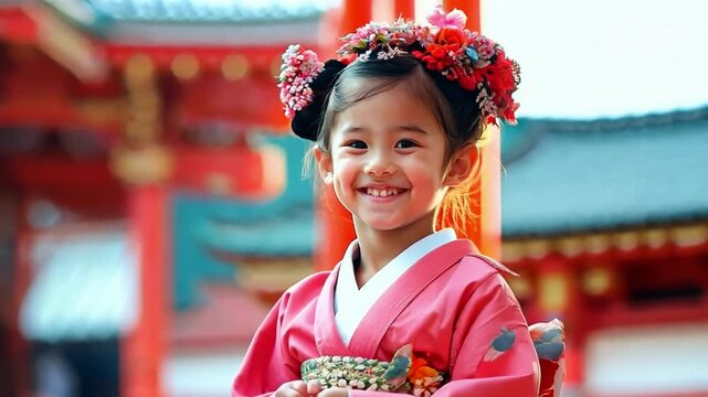 Young girl smiles sweetly while celebrating shichi go san at a local shrine. She is dressed in a vibrant red kimono with her hair done up in a traditional style.  Copy space