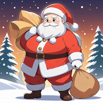 A cute and chubby Santa Claus in a snowy winter setting.