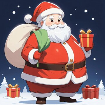 A cute and chubby Santa Claus in a snowy winter setting.
