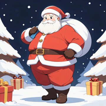 A cute and chubby Santa Claus in a snowy winter setting.