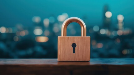 Information technology integrates cybersecurity. Lock on a blurred city background