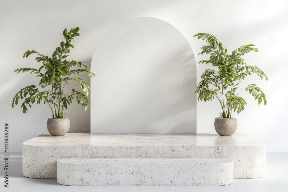 Poster minimalist display with potted plants and an arch backdrop in a serene setting.