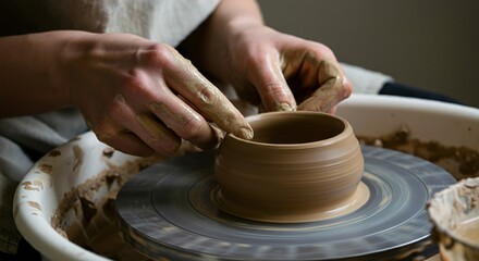 Fototapeta premium Close-up of hands crafting pottery on a spinning wheel