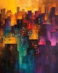Abstract cityscape painting with vibrant colors and dynamic shapes.