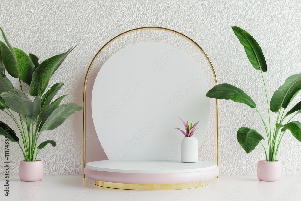 Poster minimalist display with plants and a circular backdrop for decor or product showcasing.
