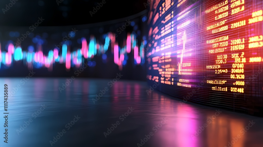 Poster futuristic stock market data visualization with glowing charts and numbers on a curved screen.