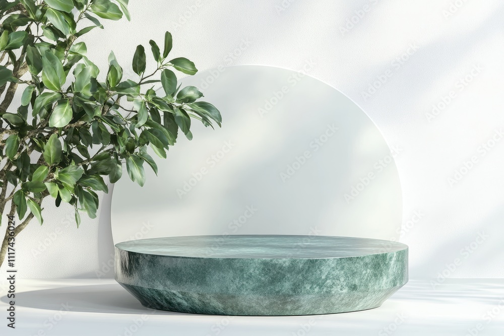 Poster a minimalist display featuring a round green platform and a circular backdrop with foliage.