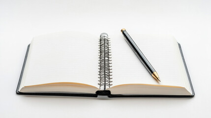 Open spiral notebook with blank pages and a black pen resting on it, set against a clean white background, symbolizing creativity and potential ideas.