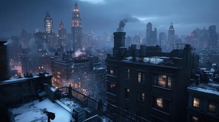 Naklejka premium A deserted rooftop overlooking glowing skyscrapers on a tranquil New Year night, with the faint sound of celebration far away.