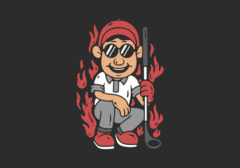 Golf boy character with fire flame illustration. red white grey colors