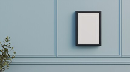 Electrical outlets plug and compact, A minimalist wall featuring a blank framed picture against a soft blue backdrop, with a touch of greenery nearby.