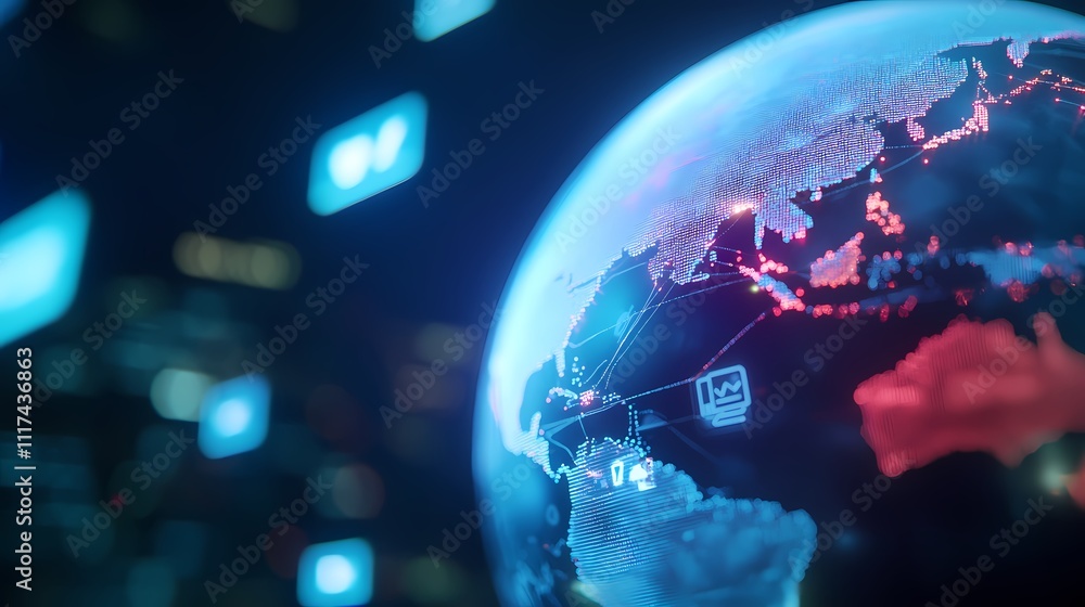 Poster global network connections visualized on a digital earth globe.