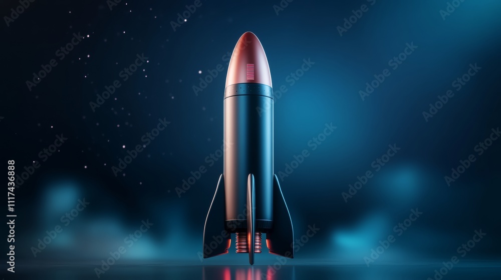Poster 3d model of rocket in empty scene with colorful background