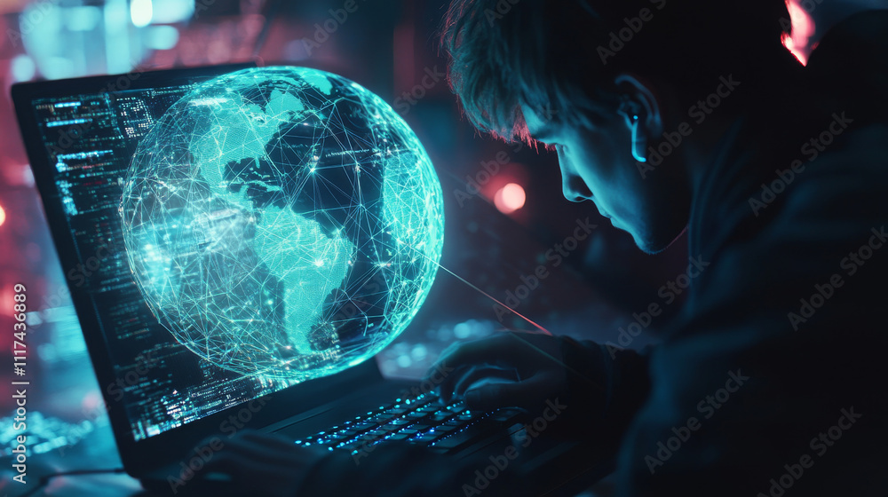 Poster hacker using laptop with glowing polygonal globe hologram on blurry background. digital world, hacki
