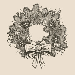Christmas wreath, holiday greeting, illustration in medieval engraving style