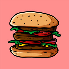 three stack of burger isolated colored drawing line art style sketch classic vintage design illustration