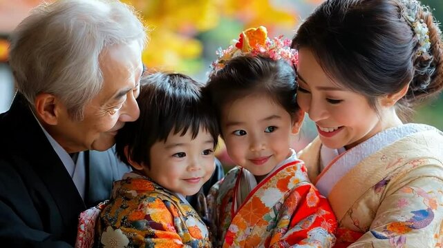 Multi-generational family wearing traditional kimono, celebrating shichi go san at a temple with beautiful fall colors