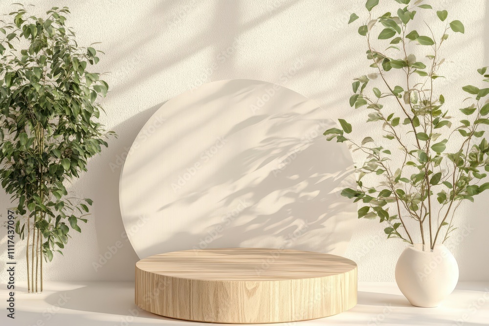 Poster a minimalistic display featuring a wooden platform with plants and soft shadows.