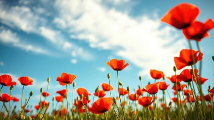 Fototapeta premium A field of vibrant red poppies reaching towards a bright blue sky with fluffy white clouds, a symbol of beauty and resilience.