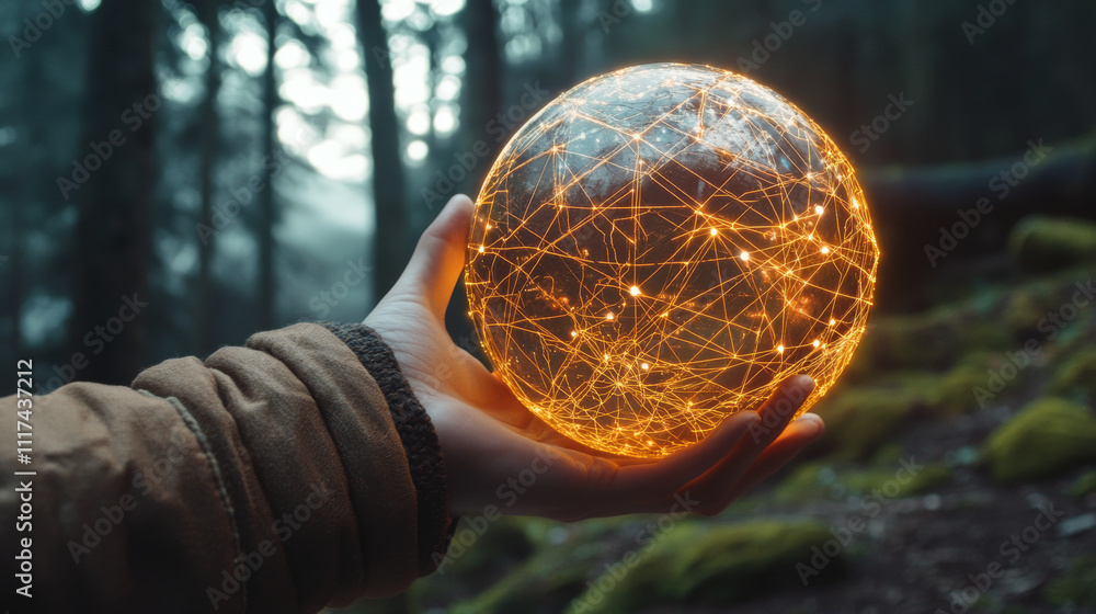 Poster futuristic globe with connection network glowing on the hand of ai robot suitable for future technol