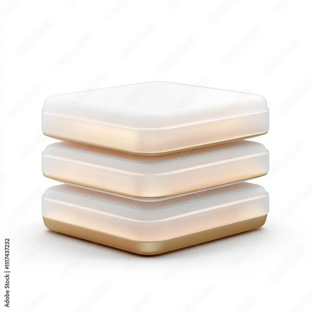 Poster a stackable 3d plastic package icon with frosted details, rendered on a smooth white background with