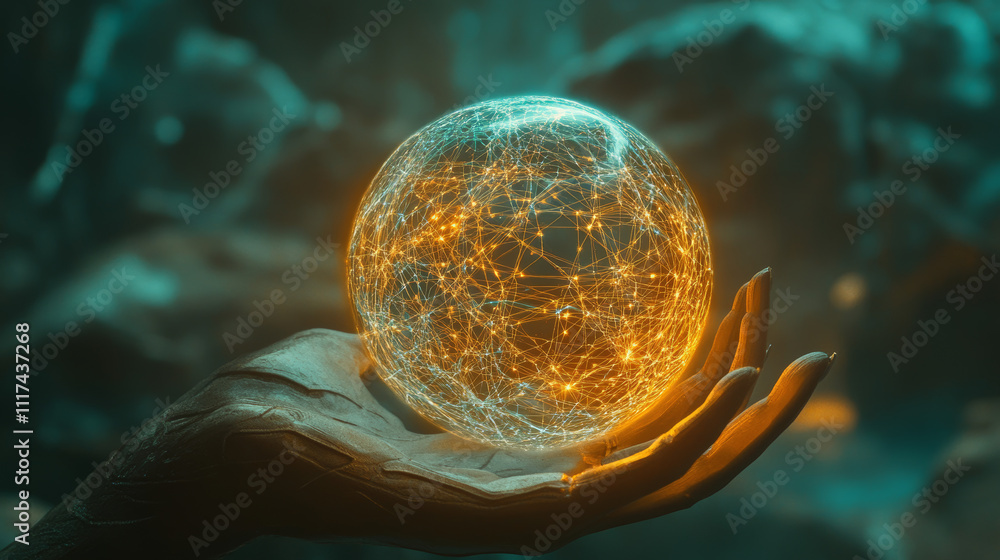 Poster futuristic globe with connection network glowing on the hand of ai robot suitable for future technol