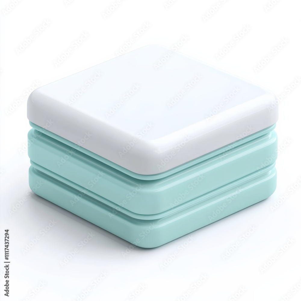 Poster a stackable 3d plastic package icon with frosted details, rendered on a smooth white background with