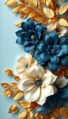 Elegant Blue White Flowers Gold Leaves Arrangement
