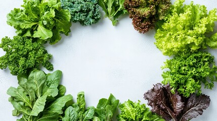 variety of fresh leafy greens arranged in circular pattern on white background symbolizing veganuary health goals