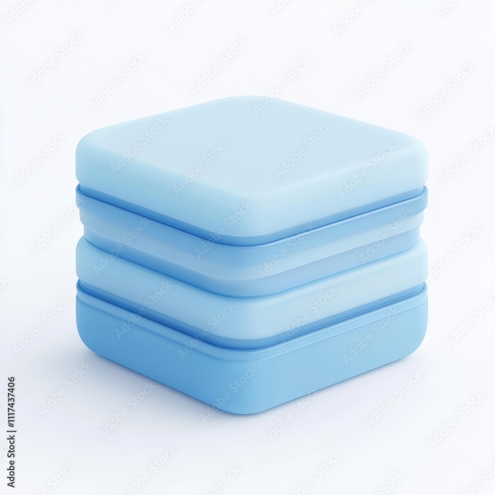 Poster a stackable 3d plastic package icon with frosted details, rendered on a smooth white background with