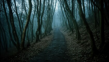 Fototapeta premium A misty forest path surrounded by twisted trees and fallen leaves.
