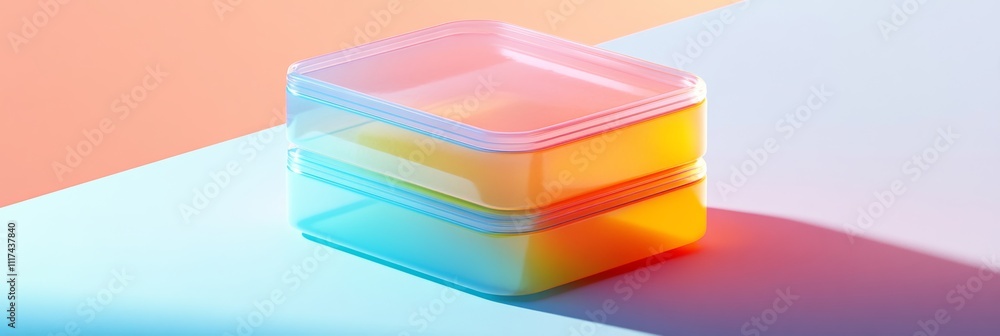 Poster a stackable icon-style plastic package with bold textures, placed on a smooth surface with gentle sh