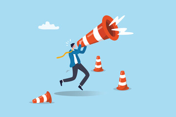 Communicate urgent message, warning or danger alert, broadcast announcement, attention or loudspeaker screaming advertising concept, businessman shouting loud voice message on big safety pylon.